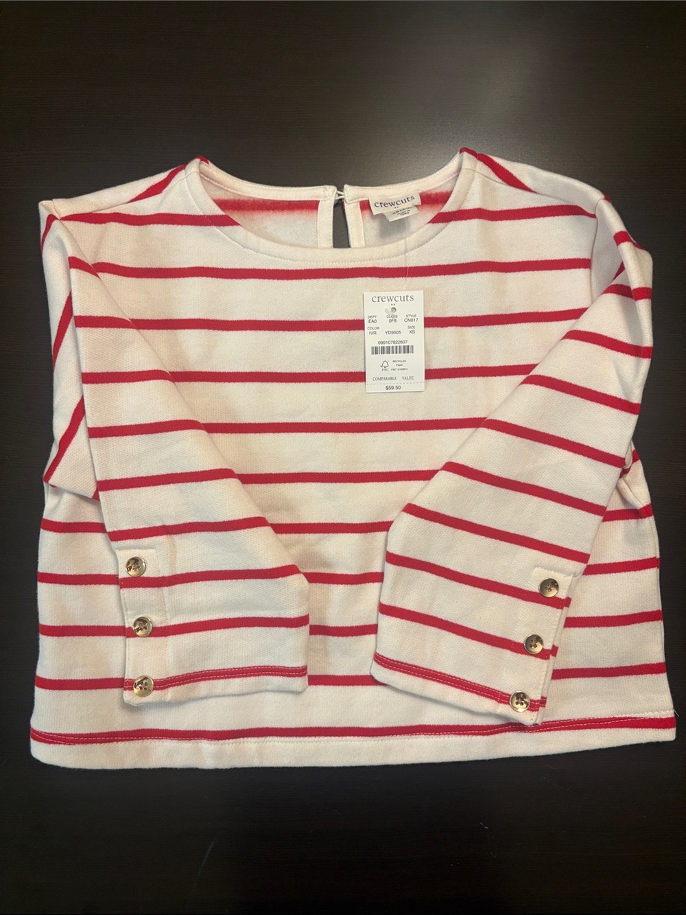 Crewcuts Cream & Red Striped Long Sleeve Top with Button Cuffs